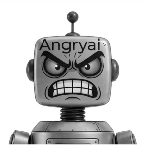 Angry metallic robot with scowling face