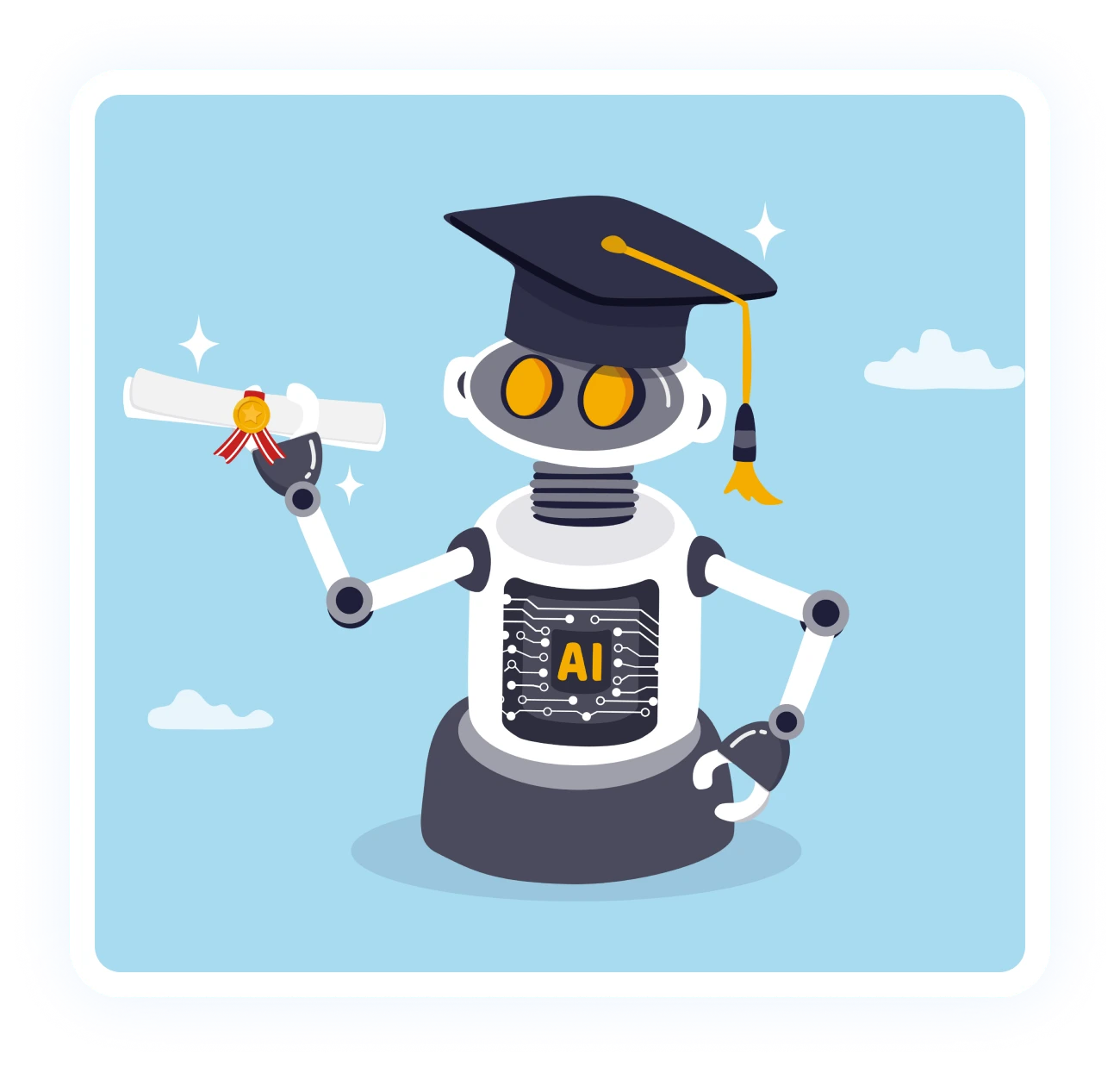 Robot with graduation cap and diploma