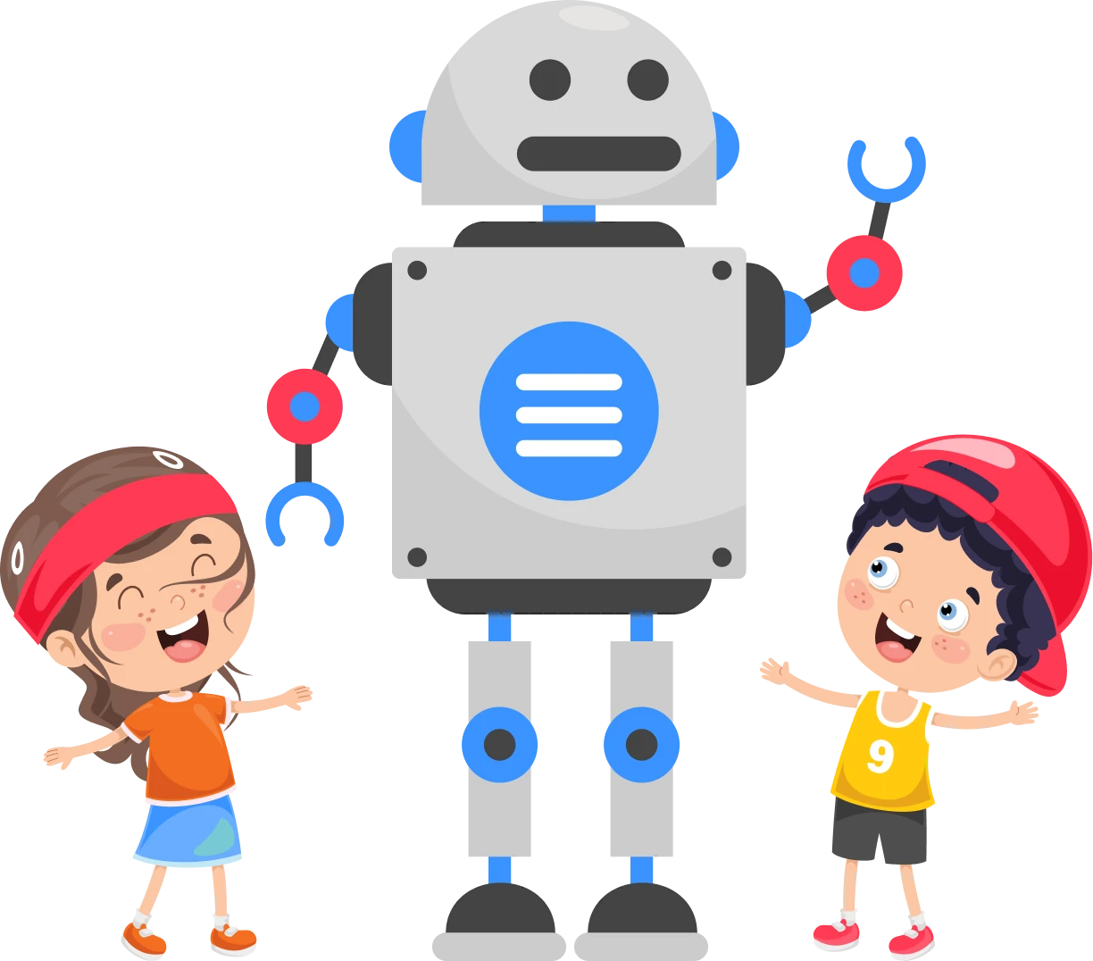Robot and children smiling together