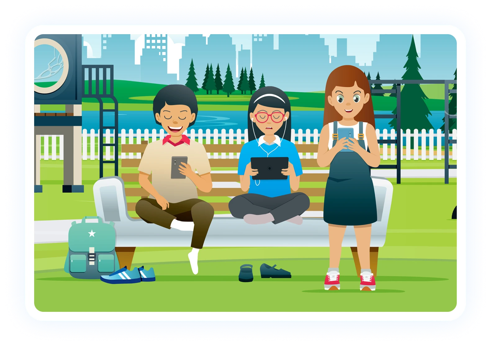 People using devices in a park