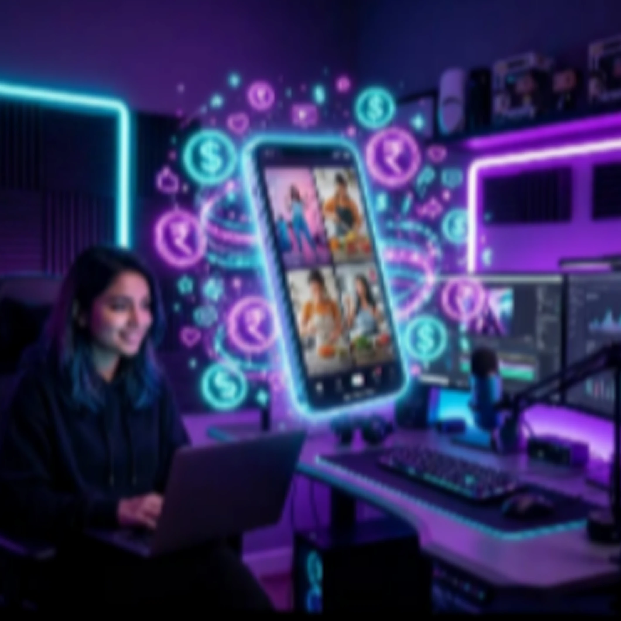 Woman streaming in neon-lit gaming setup.
