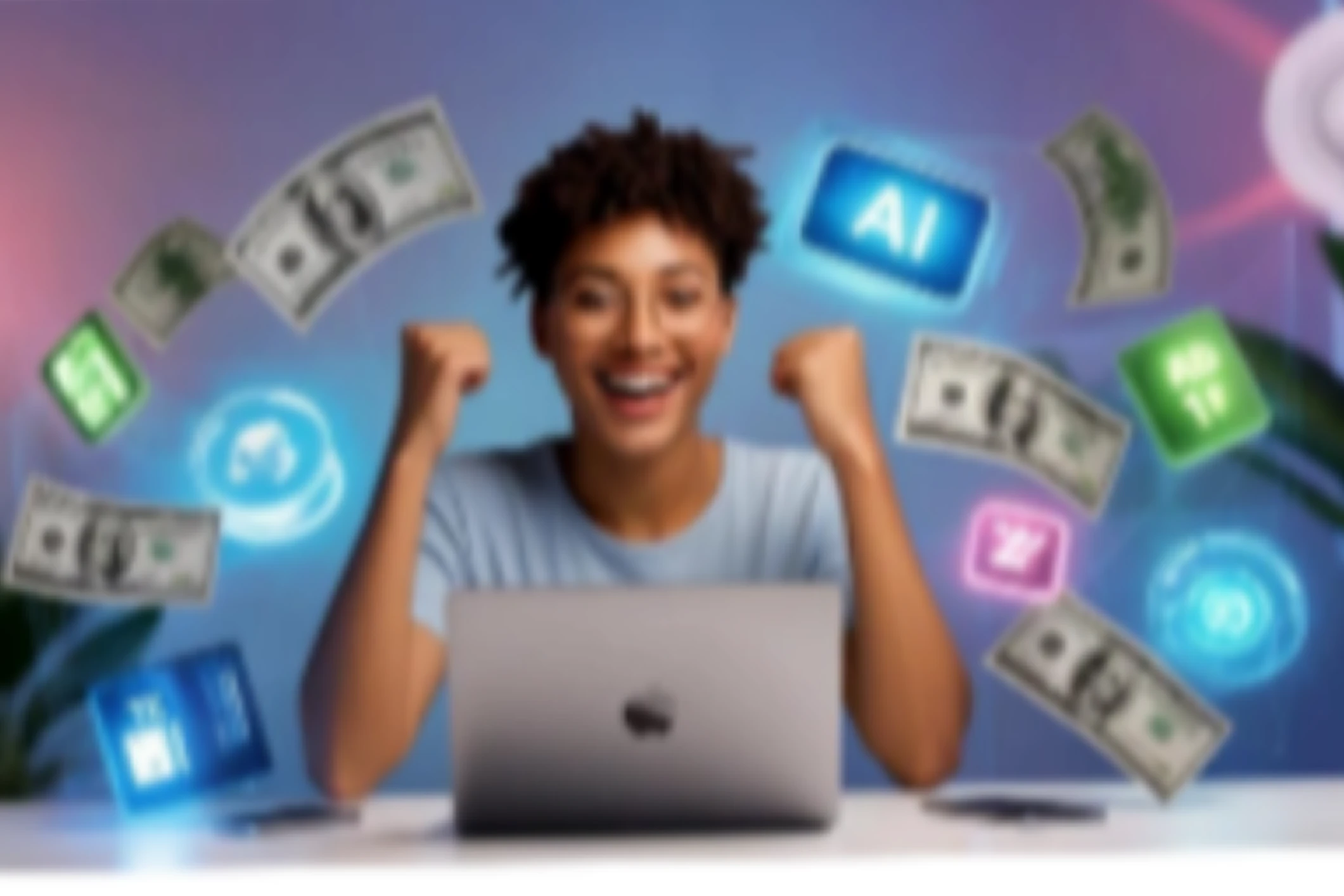 Person excited with laptop and floating money.