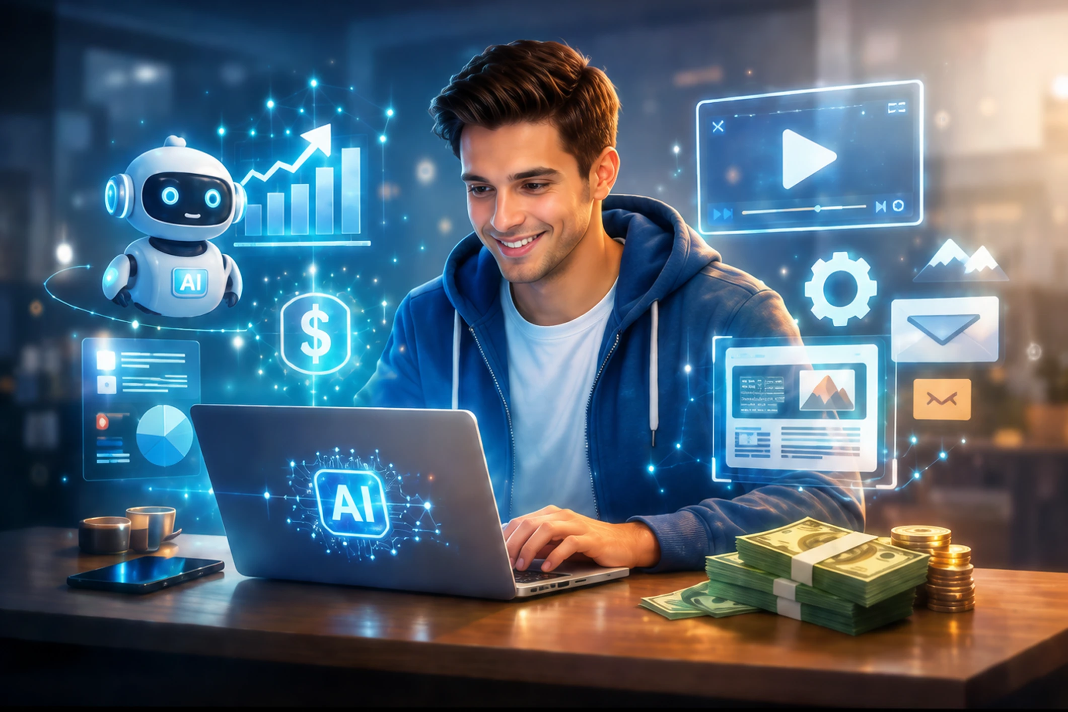 Man using laptop with AI technology holograms.