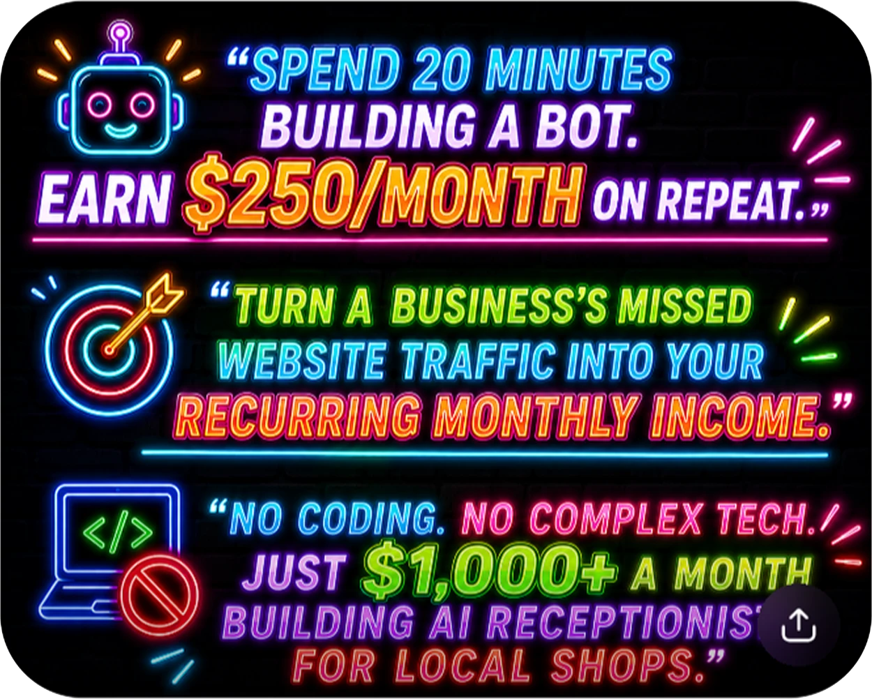 Neon text promoting AI bot income opportunities.